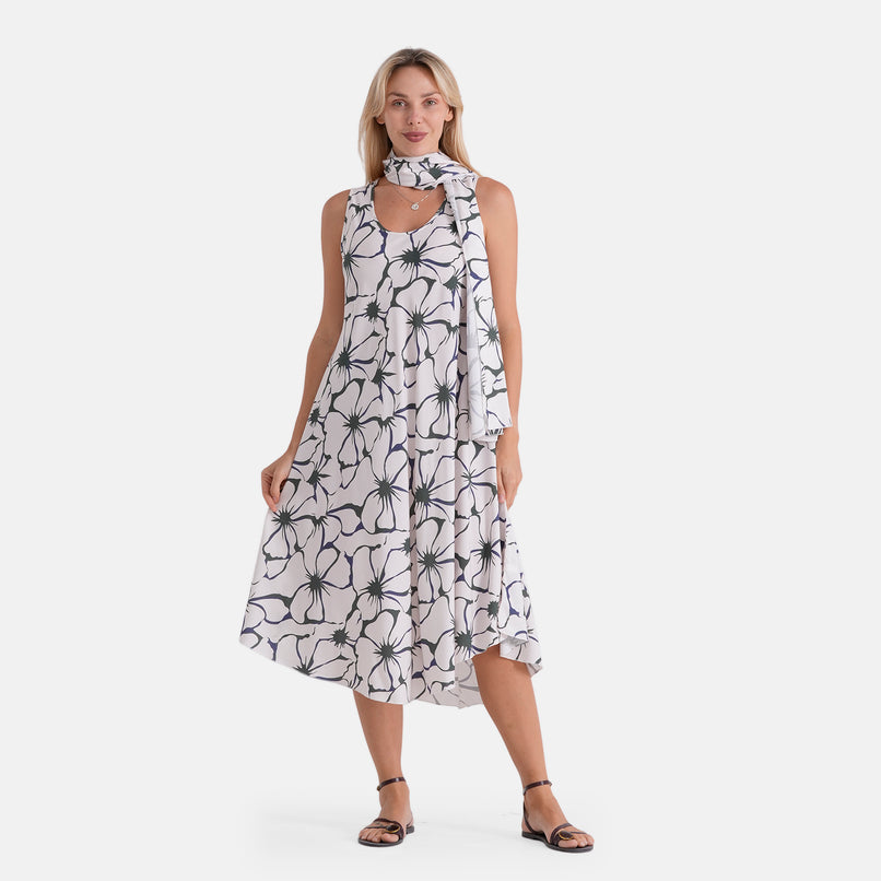 La Marey Summer Escape Printed Umbrella Dress with Scarf (One Size, 8-18) - White_8555117