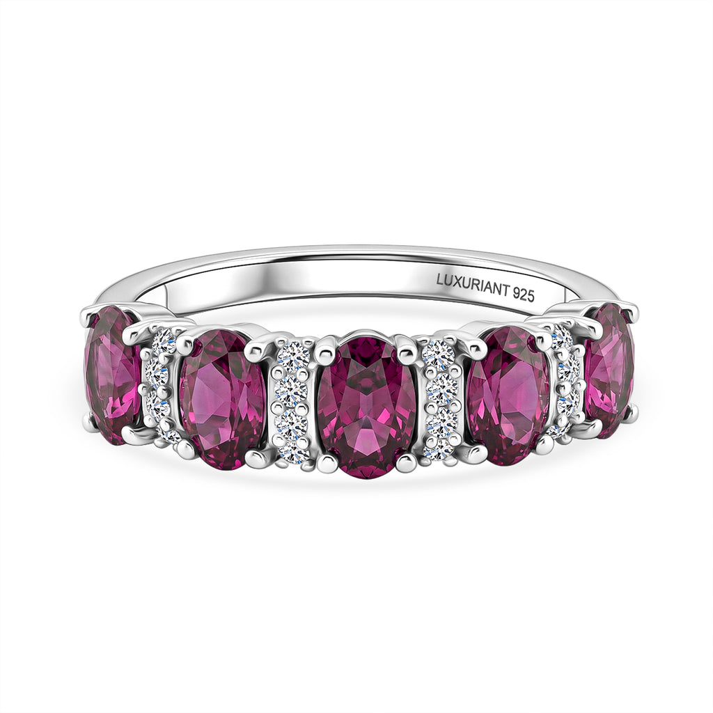 Luxuriant - Natural Radiant Ember Garnet & Lab Grown Diamond (SI/G-H) 5 Stone Ring in Rhodium Overlay Sterling Silver 1.54 Ct._8555174