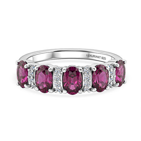 Luxuriant - Natural Radiant Ember Garnet &amp; Lab Grown Diamond (SI/G-H) 5 Stone Ring in Rhodium Overlay Sterling Silver 1.54 Ct. 8555174 1