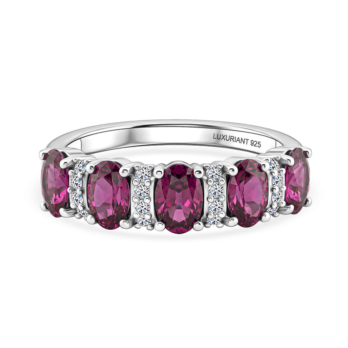 Luxuriant - Natural Radiant Ember Garnet &amp; Lab Grown Diamond (SI/G-H) 5 Stone Ring in Rhodium Overlay Sterling Silver 1.54 Ct. V32664245 1