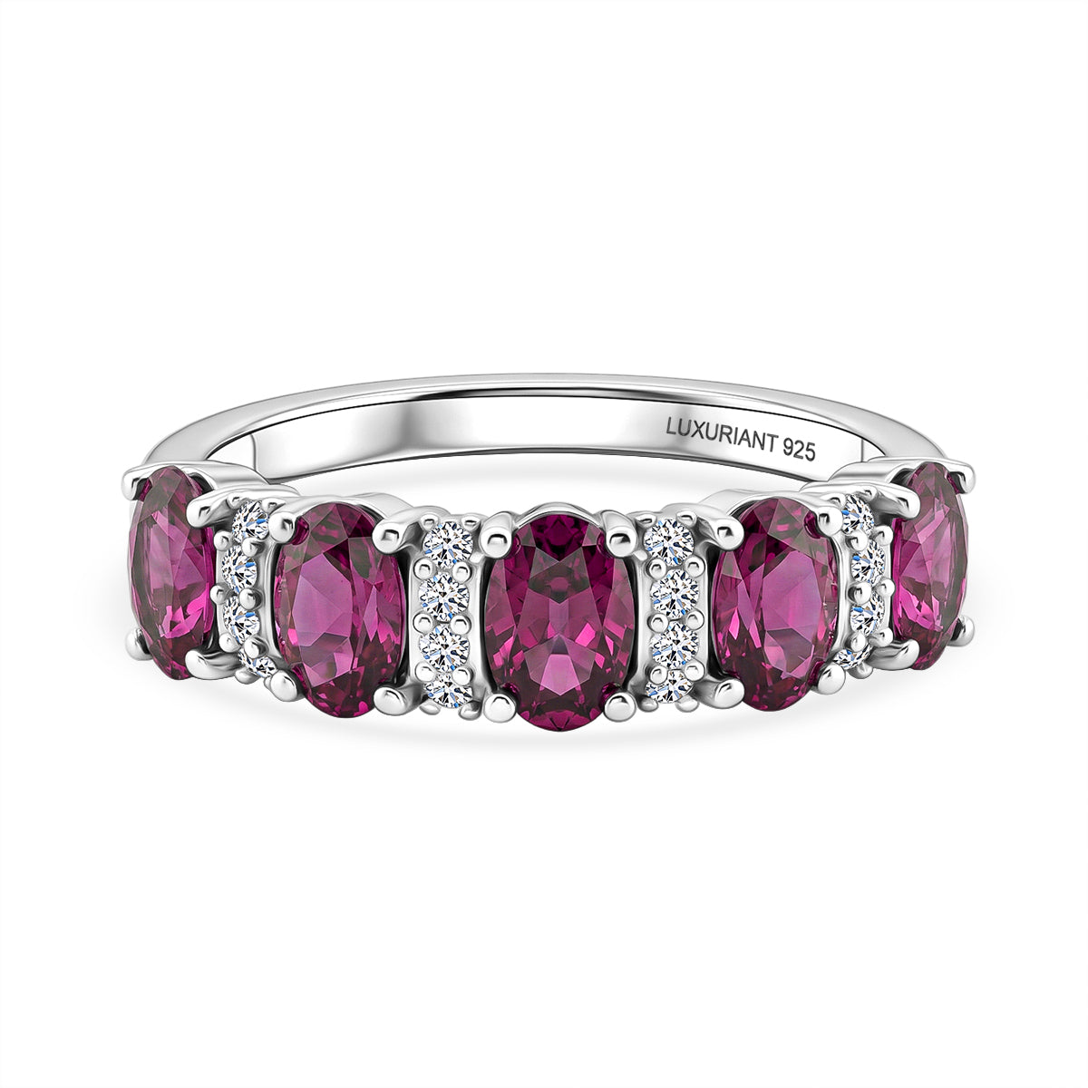 Luxuriant - Natural Radiant Ember Garnet &amp; Lab Grown Diamond (SI/G-H) 5 Stone Ring in Rhodium Overlay Sterling Silver 1.54 Ct. V32525557 0