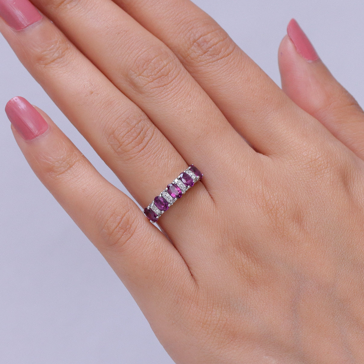 Luxuriant - Natural Radiant Ember Garnet &amp; Lab Grown Diamond (SI/G-H) 5 Stone Ring in Rhodium Overlay Sterling Silver 1.54 Ct. V32525557 2