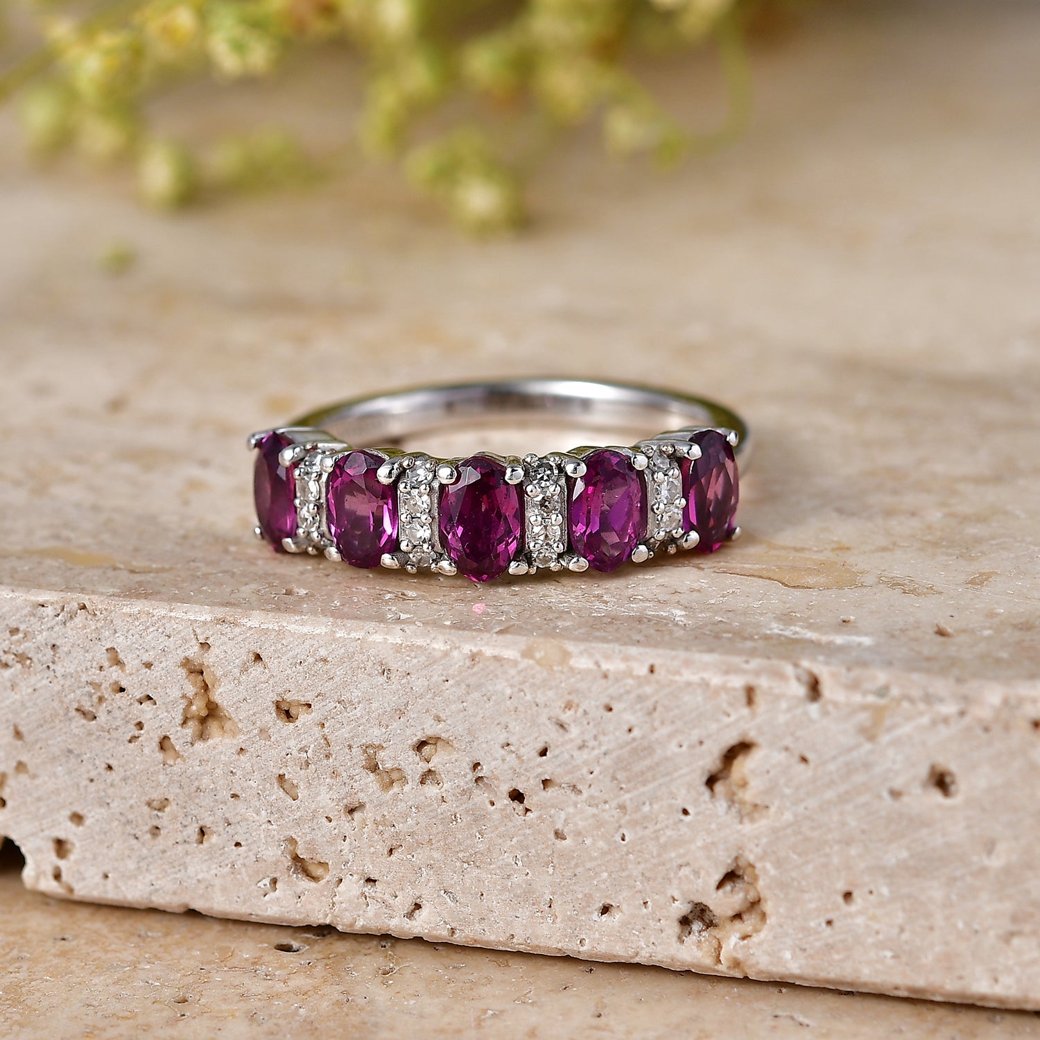Luxuriant - Natural Radiant Ember Garnet &amp; Lab Grown Diamond (SI/G-H) 5 Stone Ring in Rhodium Overlay Sterling Silver 1.54 Ct. V32525557 3