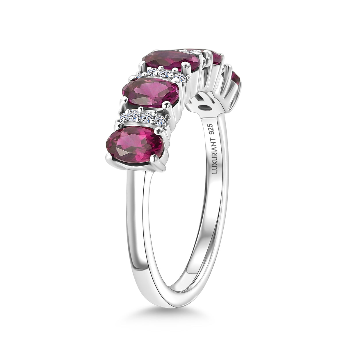 Luxuriant - Natural Radiant Ember Garnet &amp; Lab Grown Diamond (SI/G-H) 5 Stone Ring in Rhodium Overlay Sterling Silver 1.54 Ct. V32525557 4