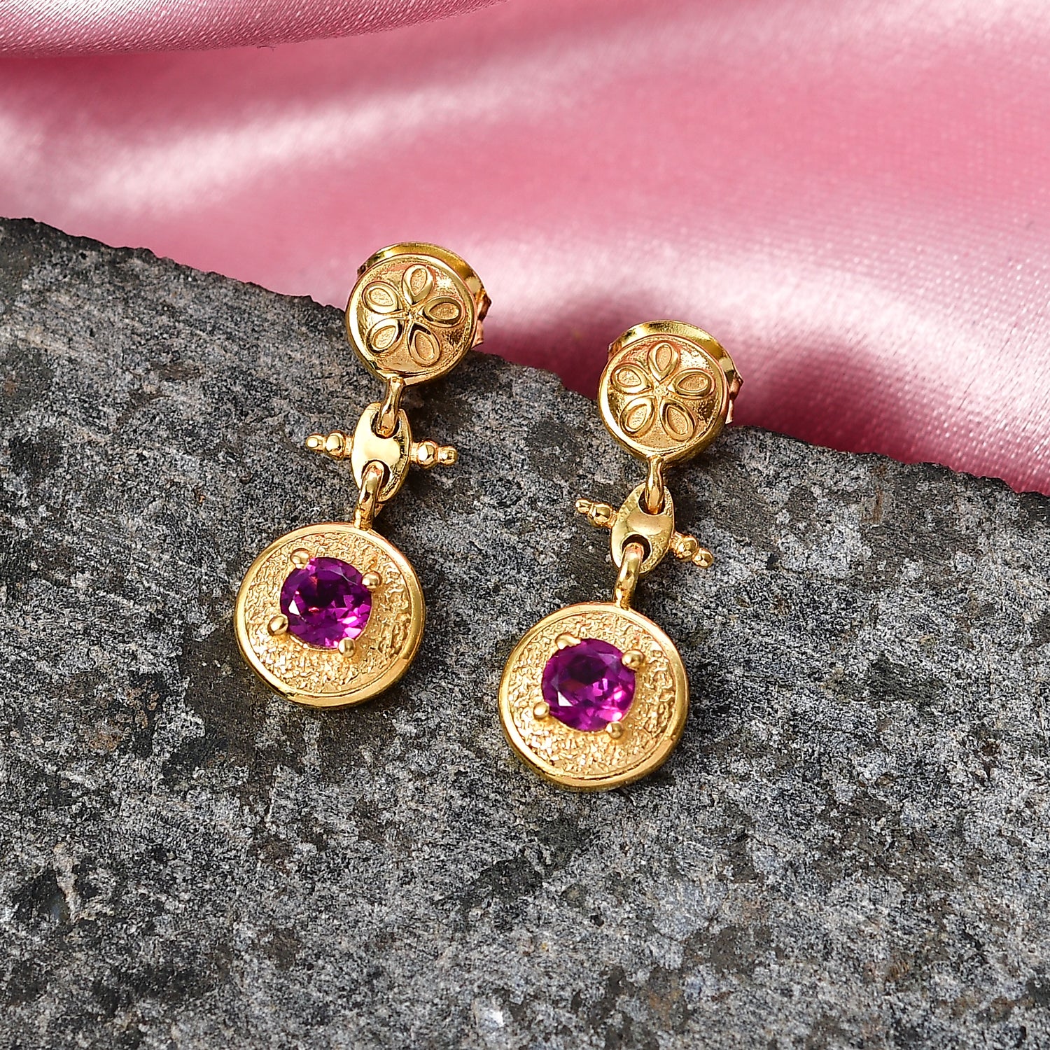 D'Joy - Natural Radiant Ember Garnet Dangling Earring with Push Post in Yellow Gold Plated Sterling Silver V32520939 2