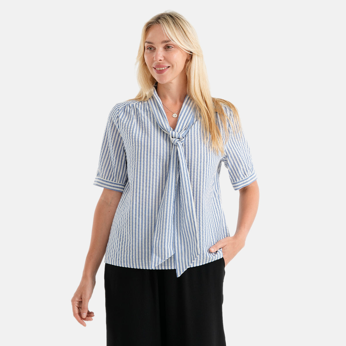 La Marey Grace Cotton Blend Bow Blouse (Size L, 16-18) - Blue V32699102 4