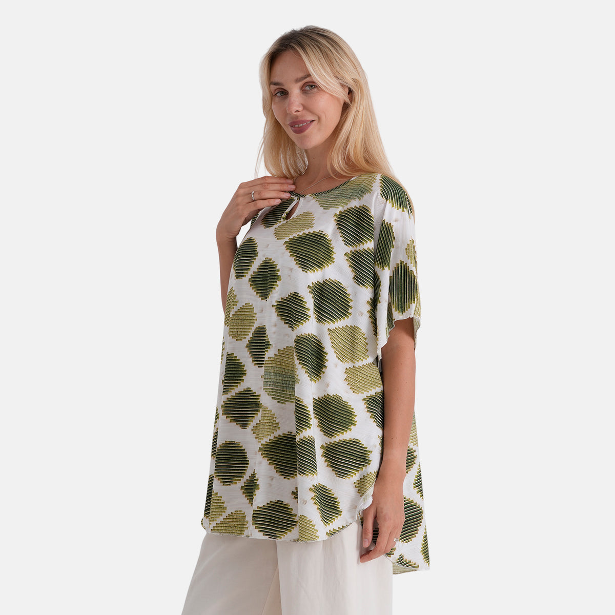 La Marey Printed Round Neck Keyhole Top (One Size - 10 to 20) - Green &amp; White V32700801 4