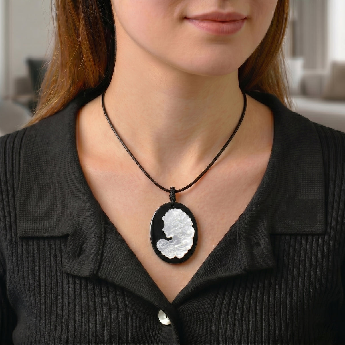 Natural Shungite &amp; White Mother Of Pearl Cotton Thread Adjustable Necklace (Size - 28) 60.00 Ct. 8556025 2