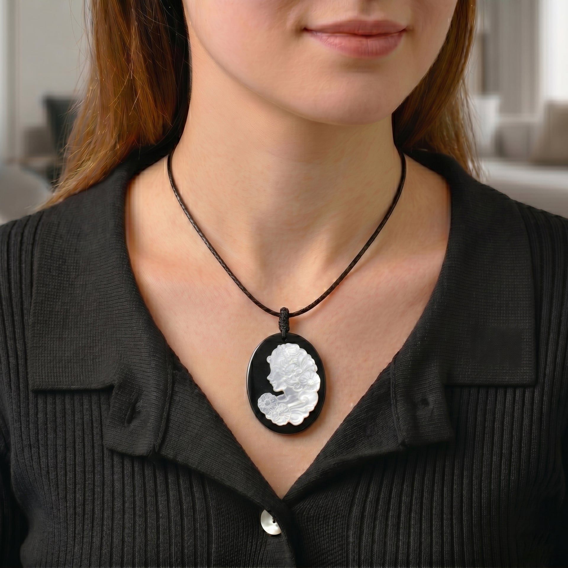 Natural Shungite &amp; White Mother Of Pearl Cotton Thread Adjustable Necklace (Size - 28) 60.00 Ct. 8556025 2