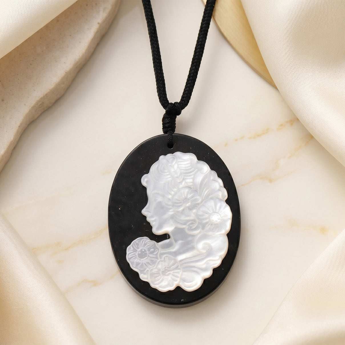 Natural Shungite &amp; White Mother Of Pearl Cotton Thread Adjustable Necklace (Size - 28) 60.00 Ct. 8556025 3