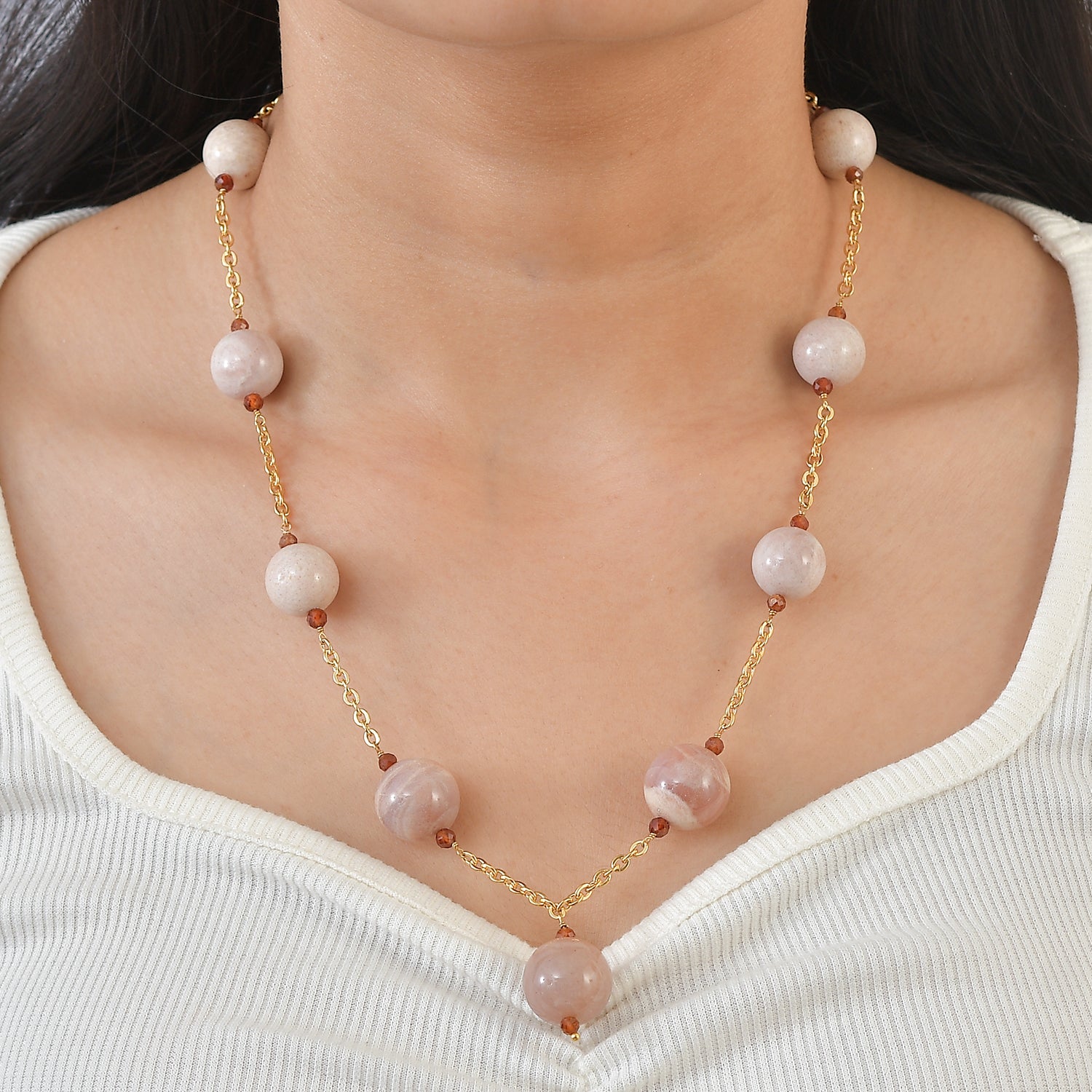 Hessonite Garnet &amp; Peach Moonstone Necklace (Size - 20+2 Ext) in Yellow  520.00 Ct. V32491406 2
