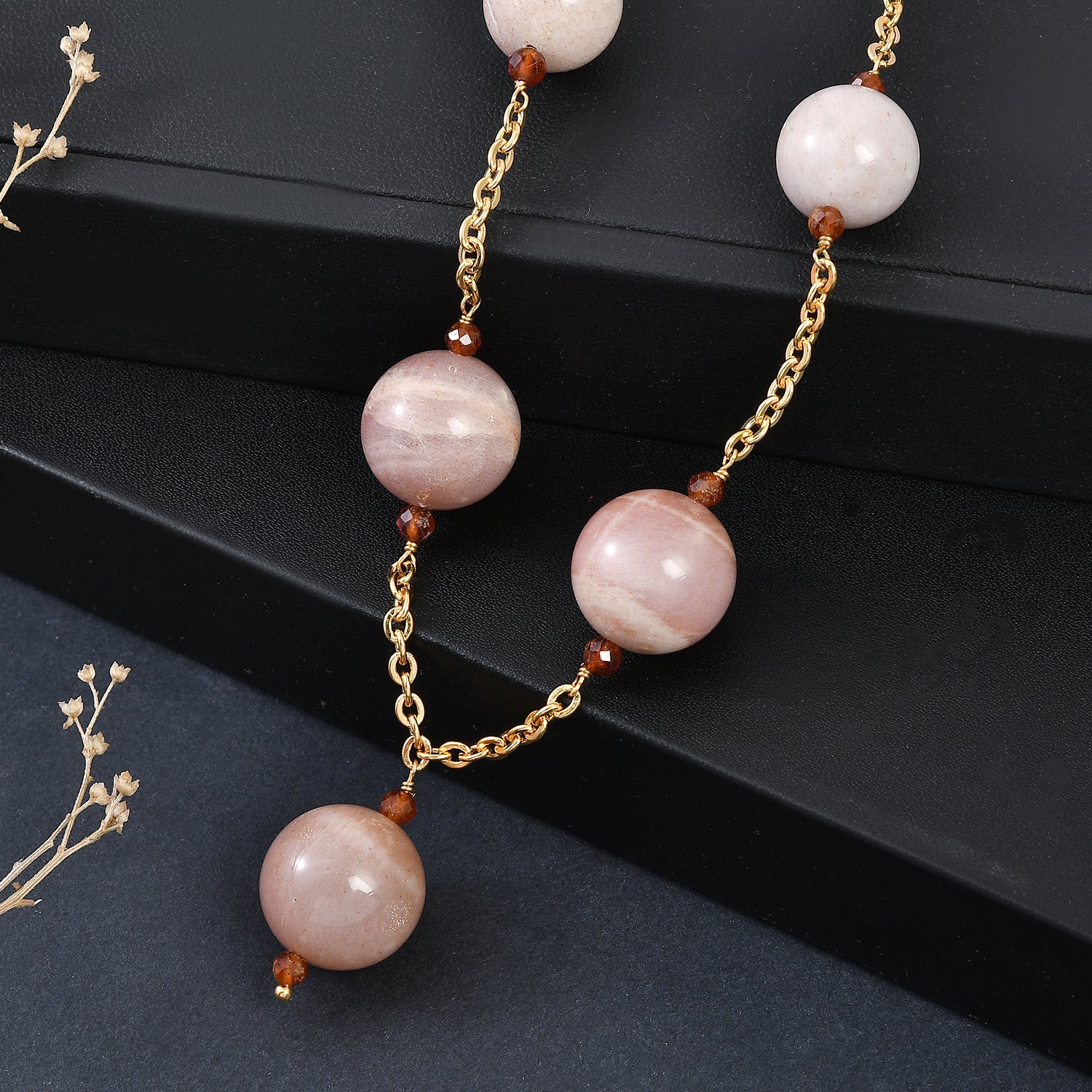 Hessonite Garnet &amp; Peach Moonstone Necklace (Size - 20+2 Ext) in Yellow  520.00 Ct. V32491406 3