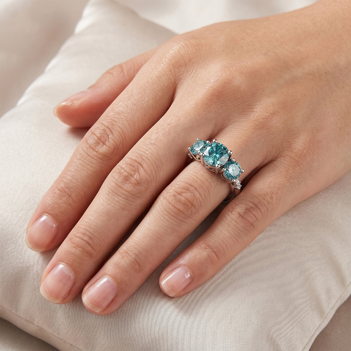 EVENT EXCLUSIVE - Paraiba Colour Moissanite Trilogy Ring in Rhodium Overlay Sterling Silver 4.00 Ct V32514747 2