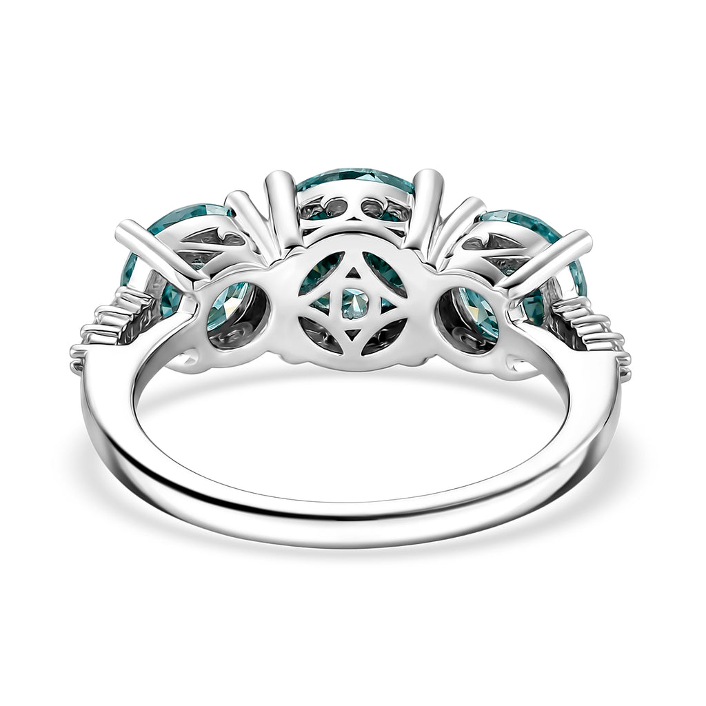 EVENT EXCLUSIVE - Paraiba Colour Moissanite Trilogy Ring in Rhodium Overlay Sterling Silver 4.00 Ct_8556247_4