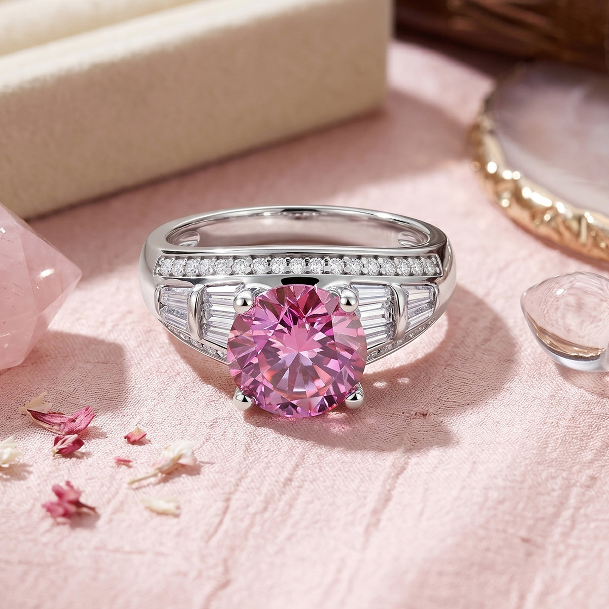 BRAND NEW - Premium Pink Moissanite and White Moissanite Solitaire Ring in Rhodium Overlay Sterling Silver 3.06 Ct. V32643673 3