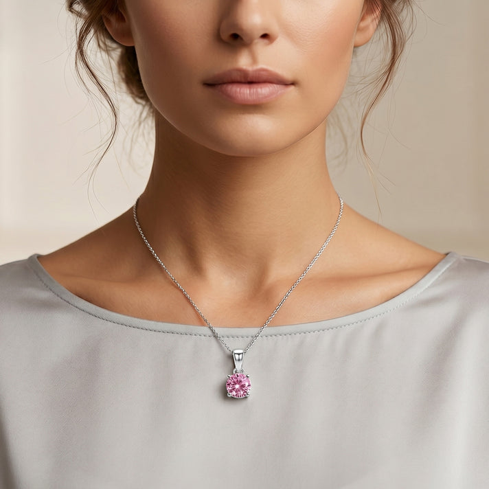 D'Joy - Pink Moissanite Solitaire Pendant with Chain (Size - 18) in Rhodium Overlay Sterling Silver 9.40 Ct. 8556364 2