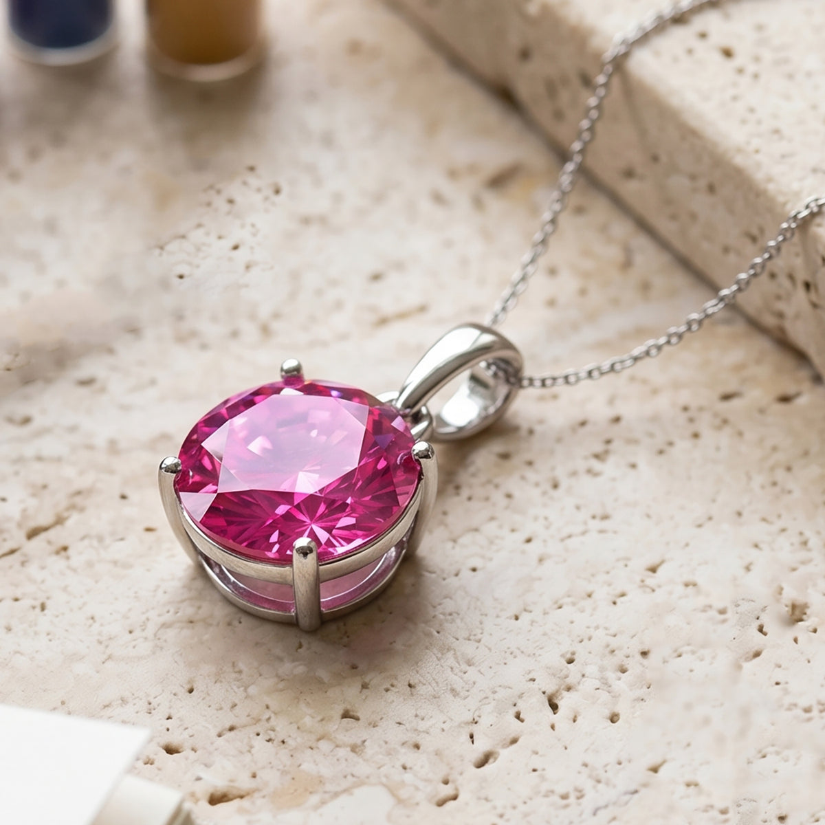 D'Joy - Pink Moissanite Solitaire Pendant with Chain (Size - 18) in Rhodium Overlay Sterling Silver 9.40 Ct. V32528376 3