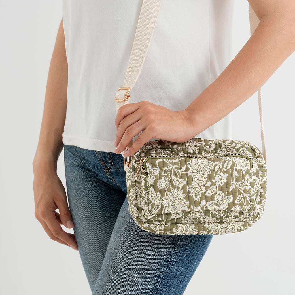 Flower Print Multi-pocket Crossbody Sling Bag - Olive_8556412_3