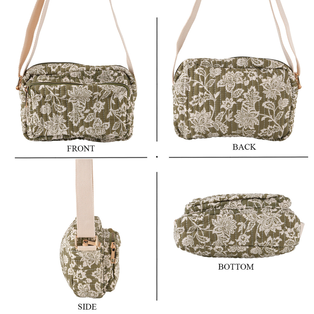 Flower Print Multi-pocket Crossbody Sling Bag - Olive_8556412_4
