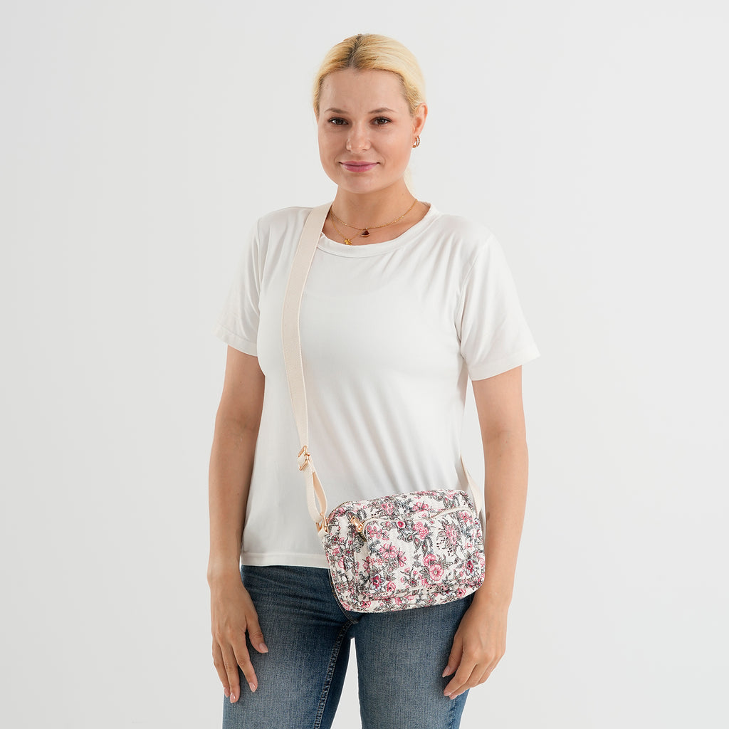 Flower Print Multi-pocket Crossbody Sling Bag - Beige_8556413_2