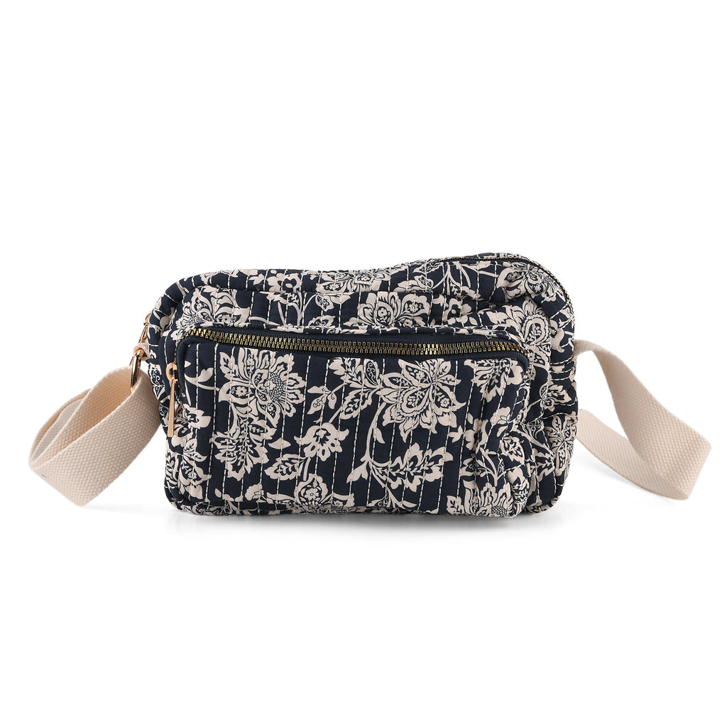Flower Print Multi-pocket Crossbody Sling Bag - Navy_8556445