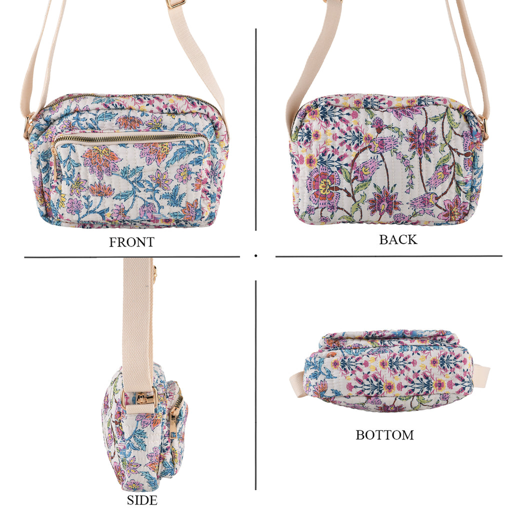 Flower Print Multi-pocket Crossbody Sling Bag - White & Multi_8556446_4