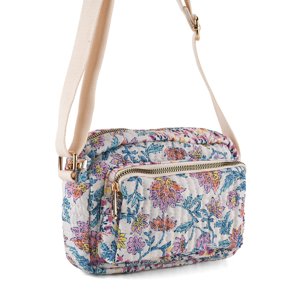 Flower Print Multi-pocket Crossbody Sling Bag - White & Multi_8556446_6