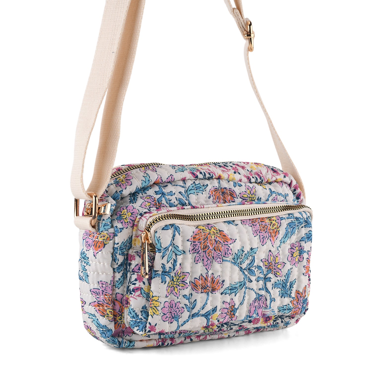 Flower Print Multi-pocket Crossbody Sling Bag - White &amp; Multi V32514193 6