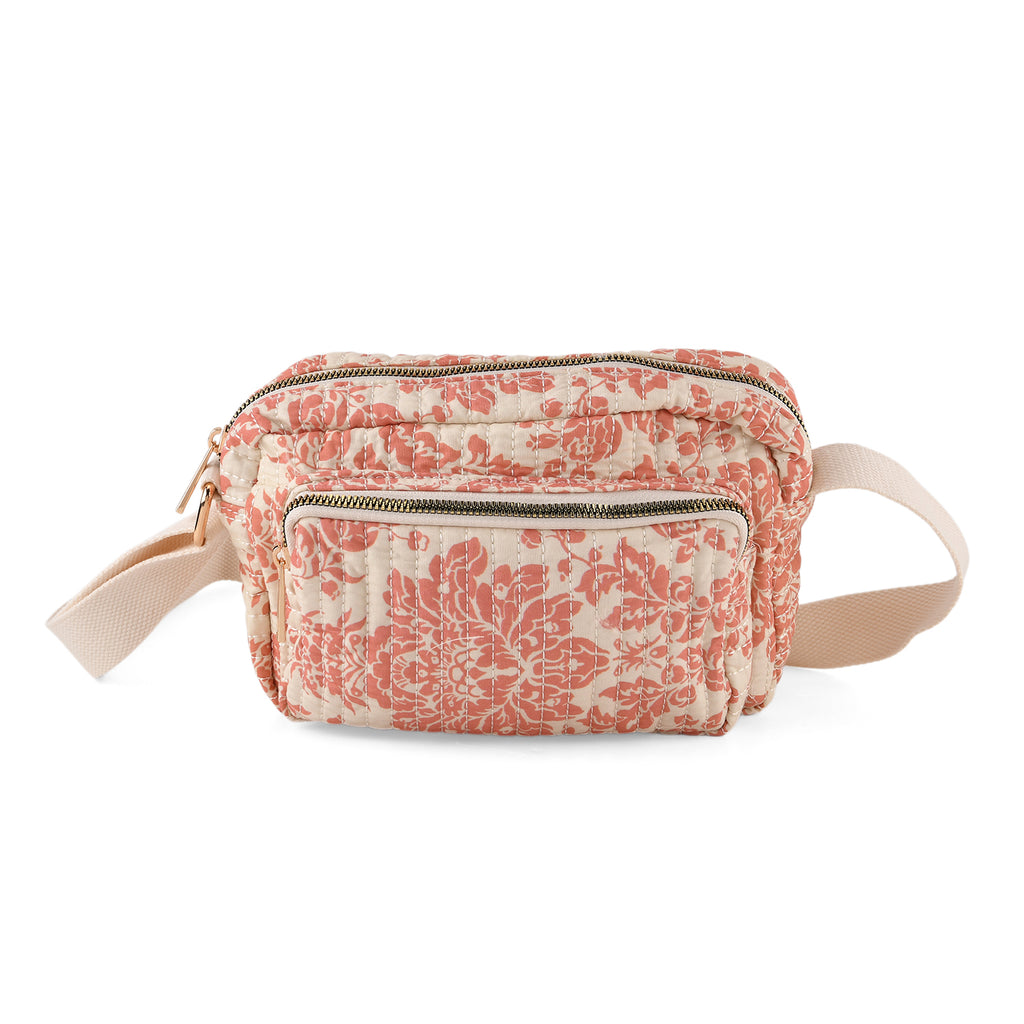 Flower Print Multi-pocket Crossbody Sling Bag - Light Red_8556447