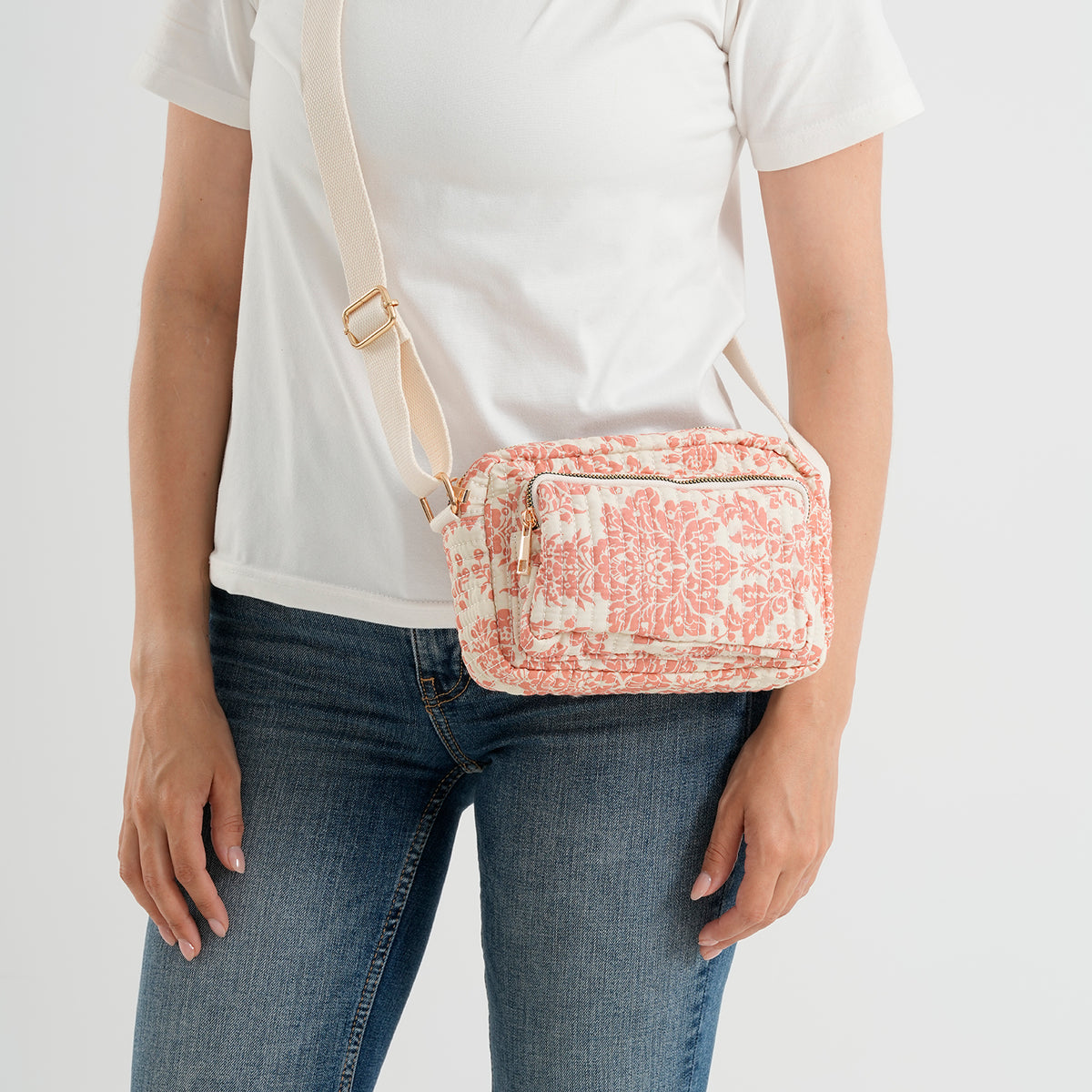 Flower Print Multi-pocket Crossbody Sling Bag - Light Red V32512343 3