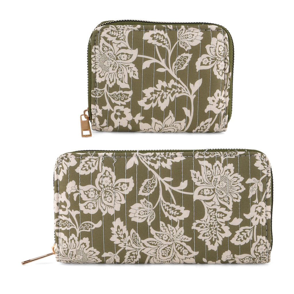 Set of 2 Floral Print Zip Around Wallet Set - Olive_8556468