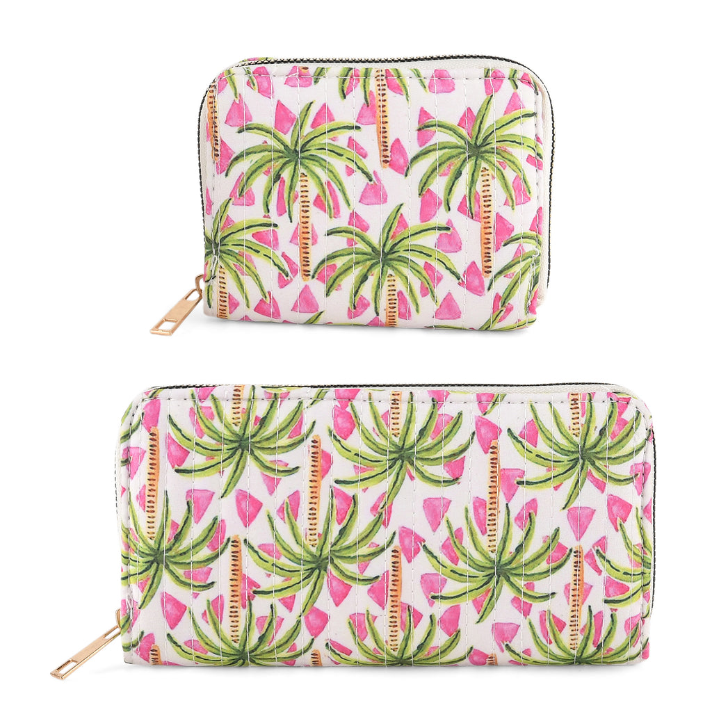 Set of 2 Floral Print Zip Around Wallet Set - Green_8556469