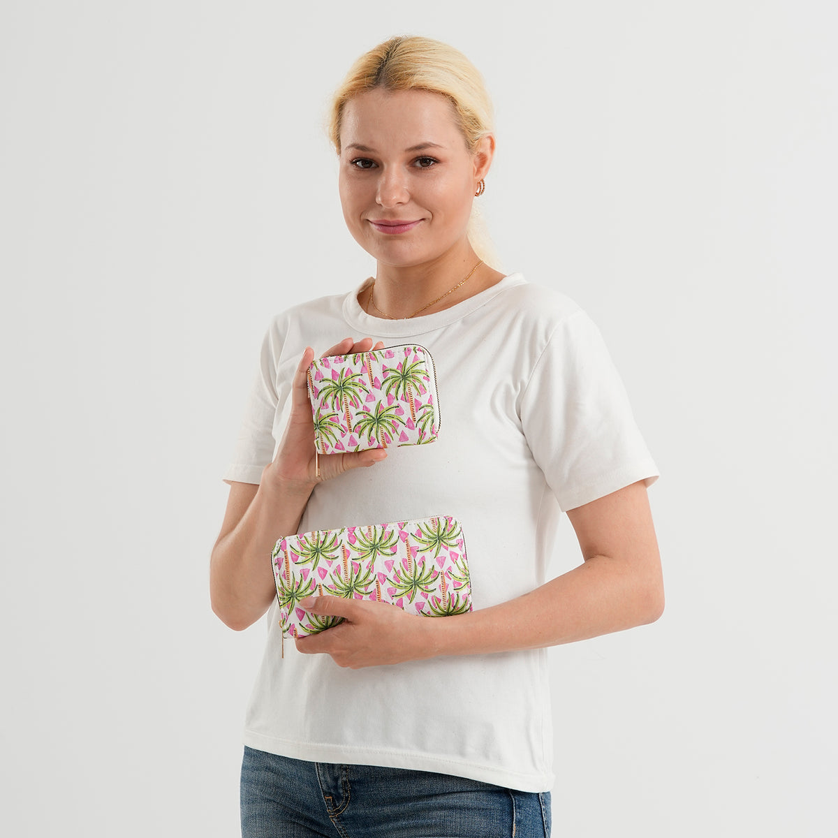 Set of 2 Floral Print Zip Around Wallet Set - Green V32519677 2