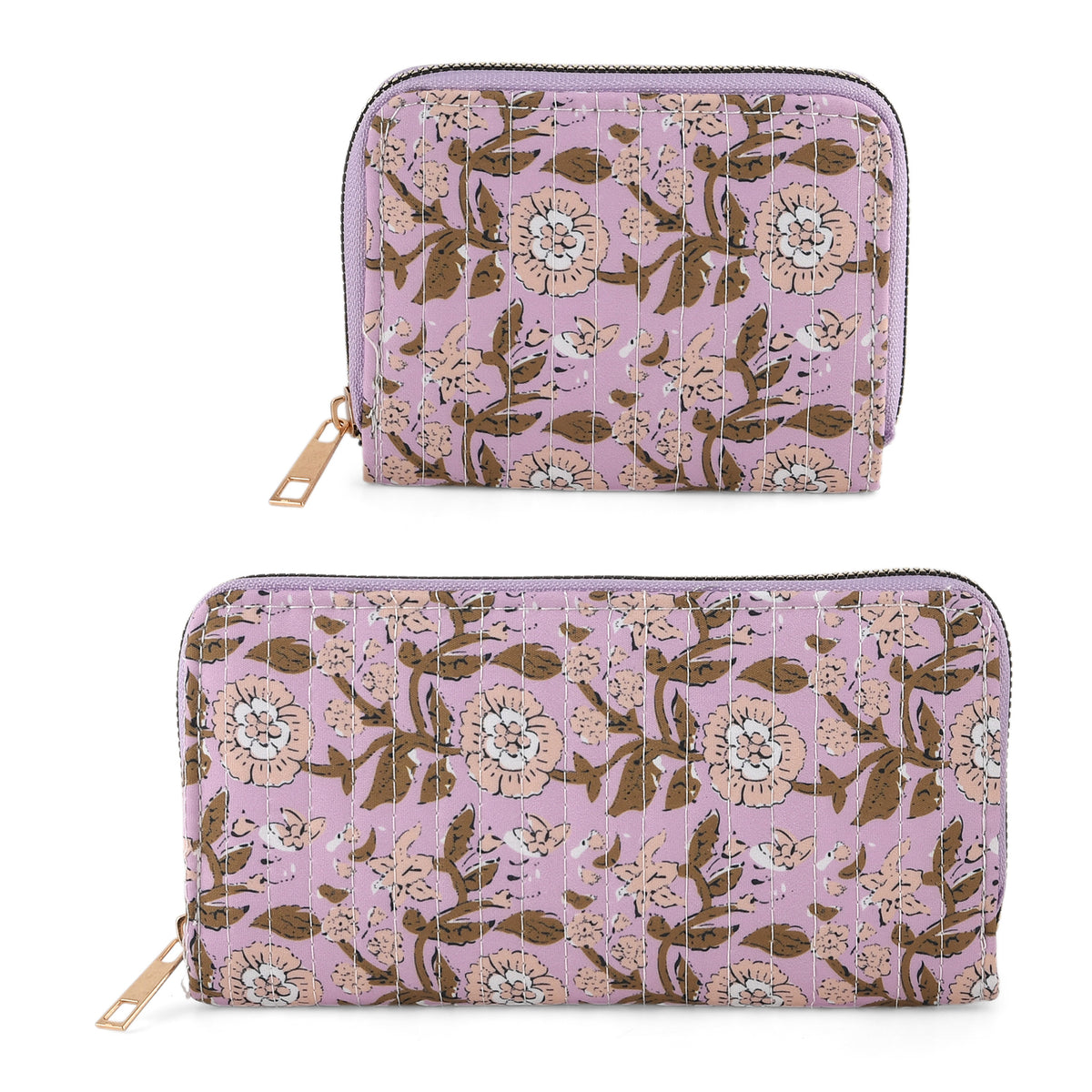 Set of 2 Floral Print Zip Around Wallet Set - Purple V32513179 0