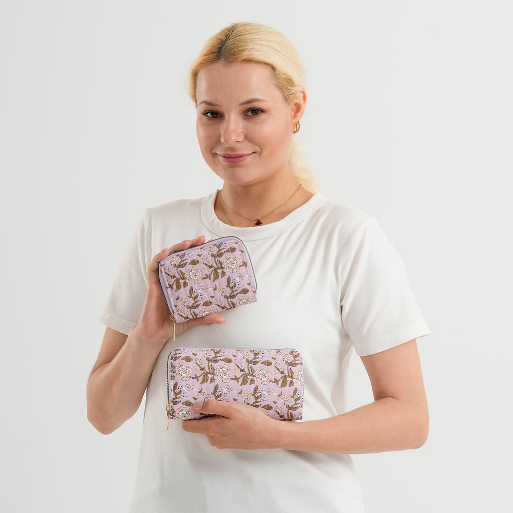 Set of 2 Floral Print Zip Around Wallet Set - Purple_8556470_2