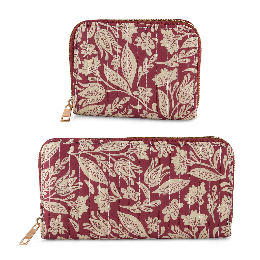 Set of 2 Floral Print Zip Around Wallet Set - Burgundy_8556471