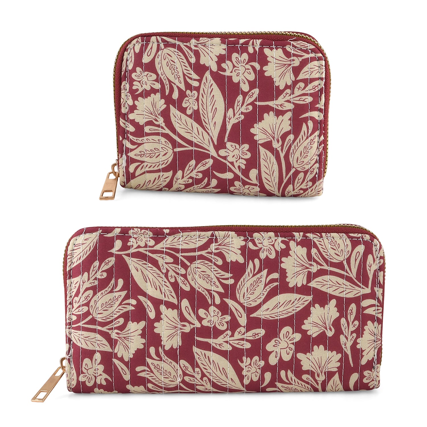 Set of 2 Floral Print Zip Around Wallet Set - Burgundy V32518056 0