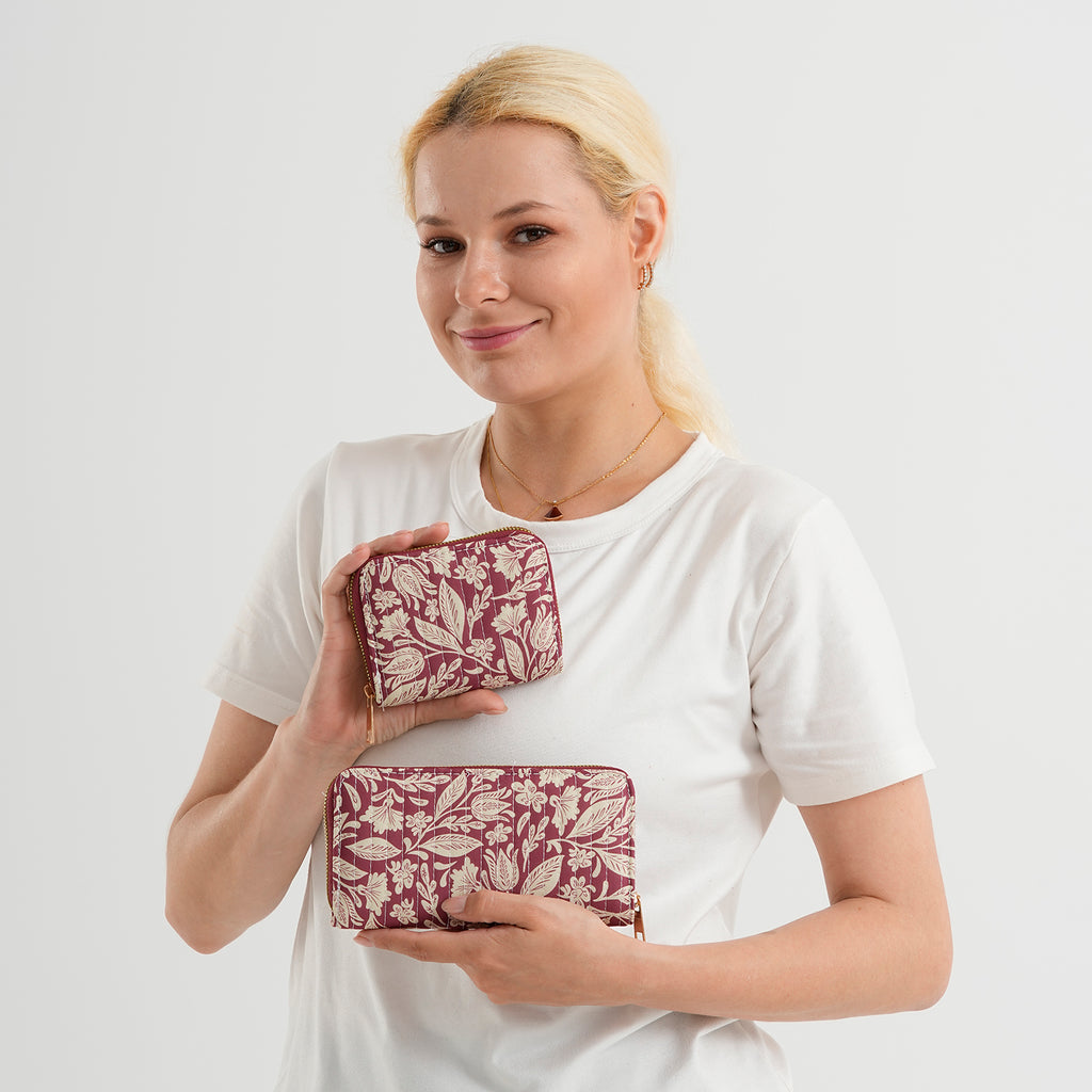 Set of 2 Floral Print Zip Around Wallet Set - Burgundy_8556471_2