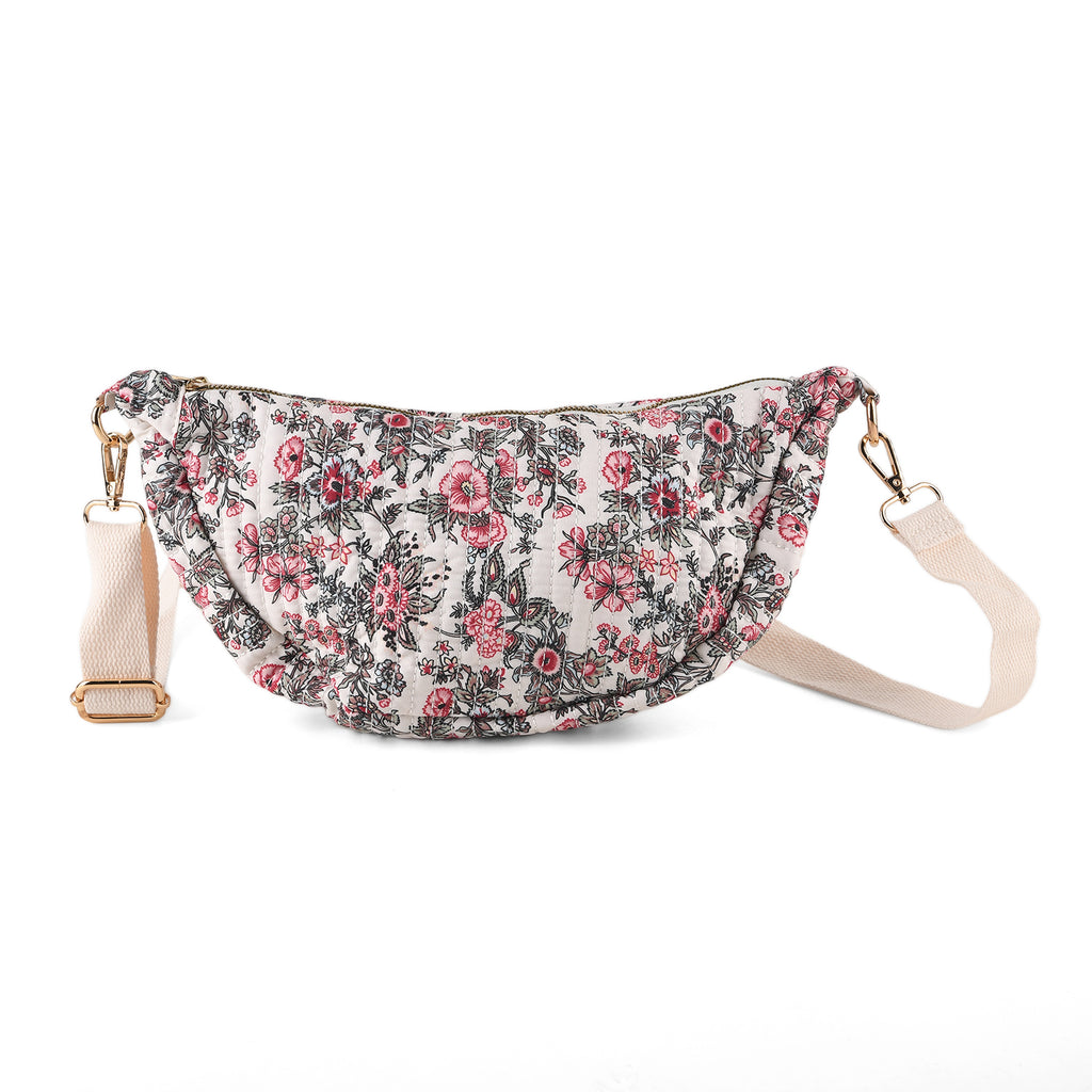 Floral Print Crescent Sling Bag - Beige_8556495
