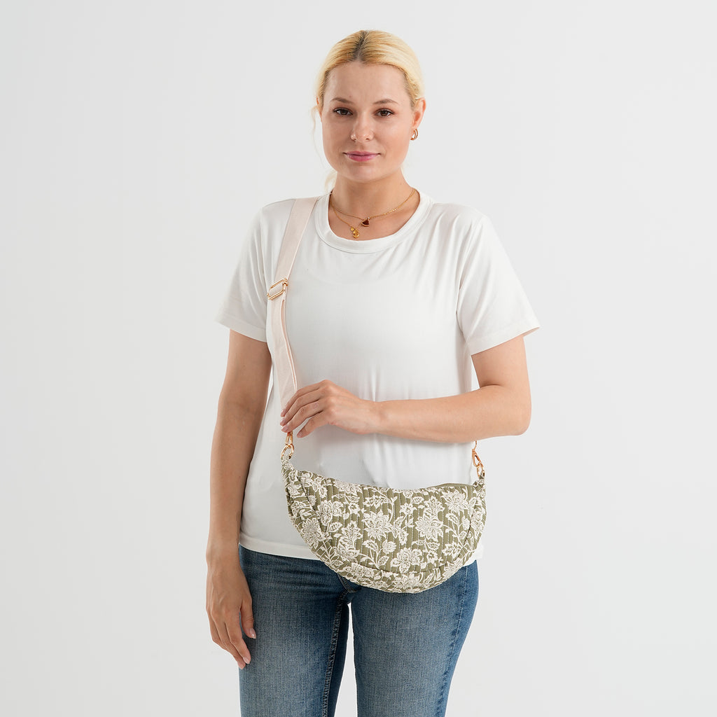 Floral Print Crescent Sling Bag - Olive_8556497_2