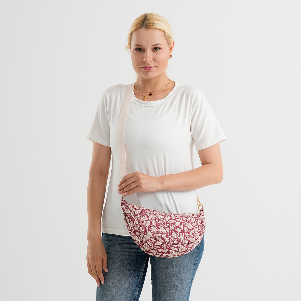 Floral Print Crescent Sling Bag - Burgundy_8556505_2