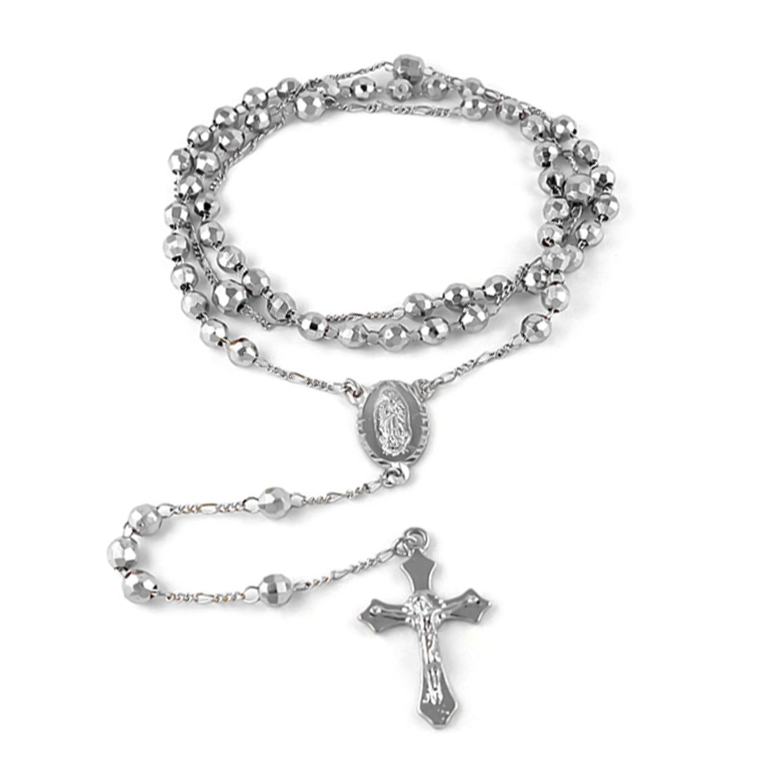 Beaded Rosary Cross Necklace (Size - 30) in Silver Tone 8556618 0
