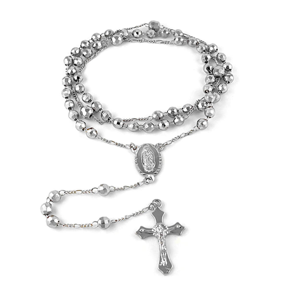 Beaded Rosary Cross Necklace (Size - 30) in Silver Tone 8556618 0
