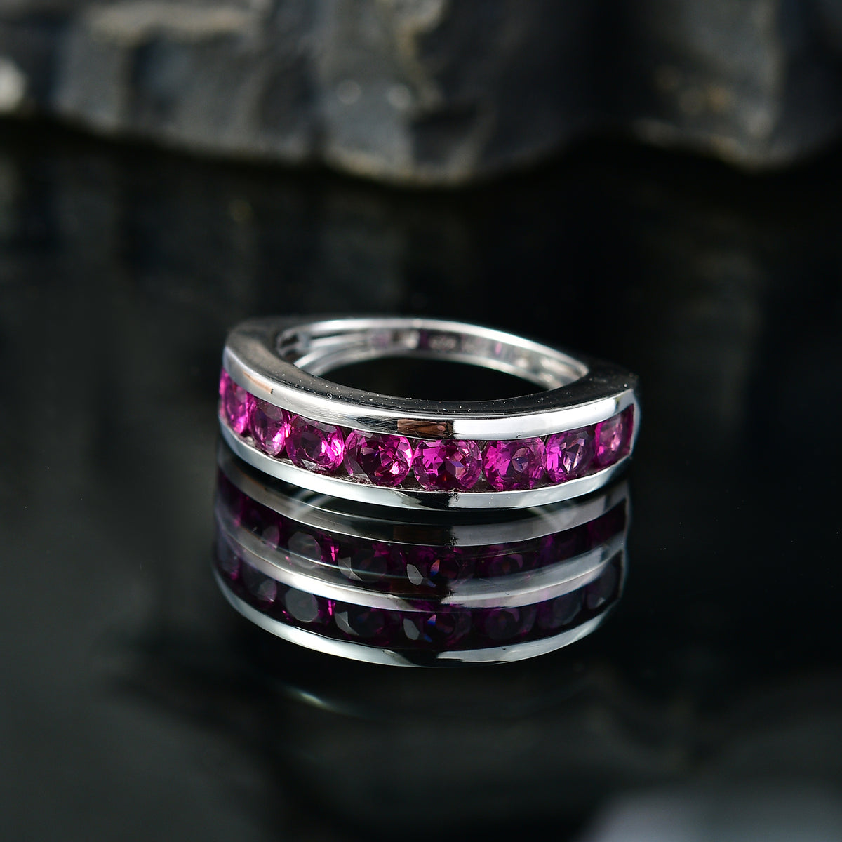 D'Joy - Radiant Ember Garnet Half Eternity Band Ring in Rhodium Overlay Sterling Silver 2.03 Ct. V32560404 3