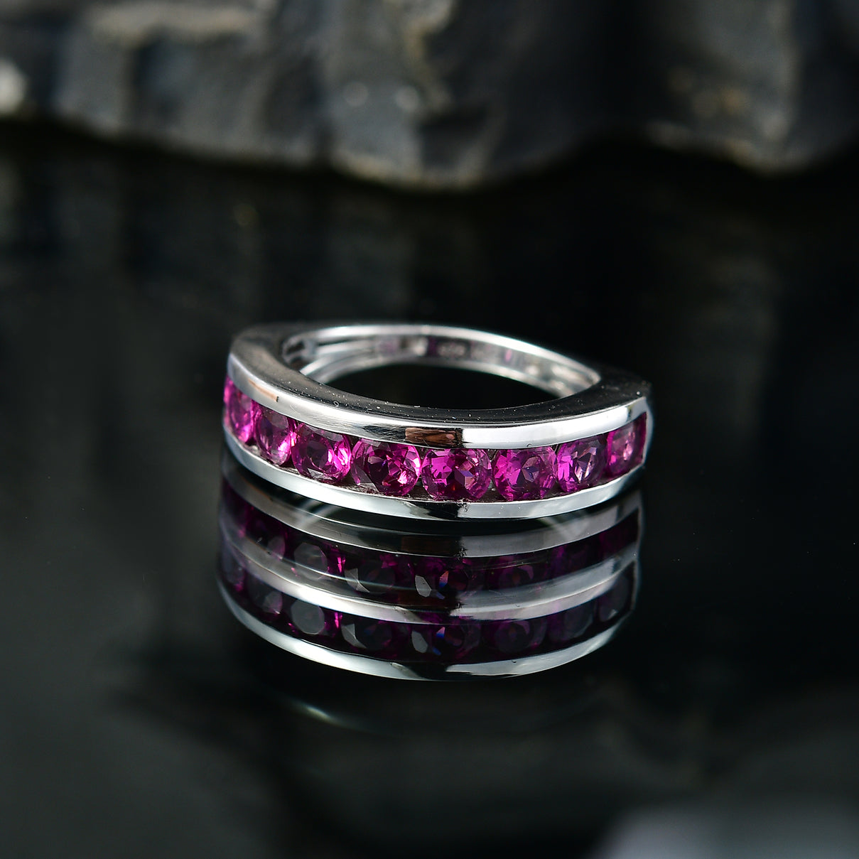 D'Joy - Radiant Ember Garnet Half Eternity Band Ring in Rhodium Overlay Sterling Silver 2.03 Ct. V32524320 3