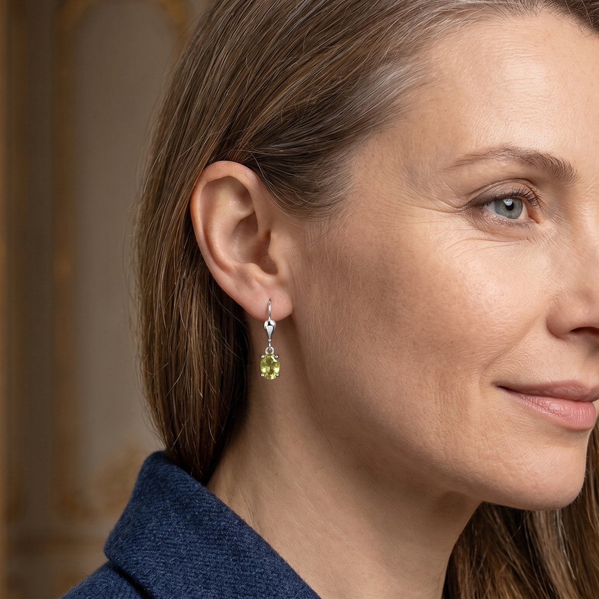 D'Joy - Natural Hebei Peridot Solitaire Lever Back Earring in Rhodium Overlay Sterling Silver 1.00 Ct. V32565119 2