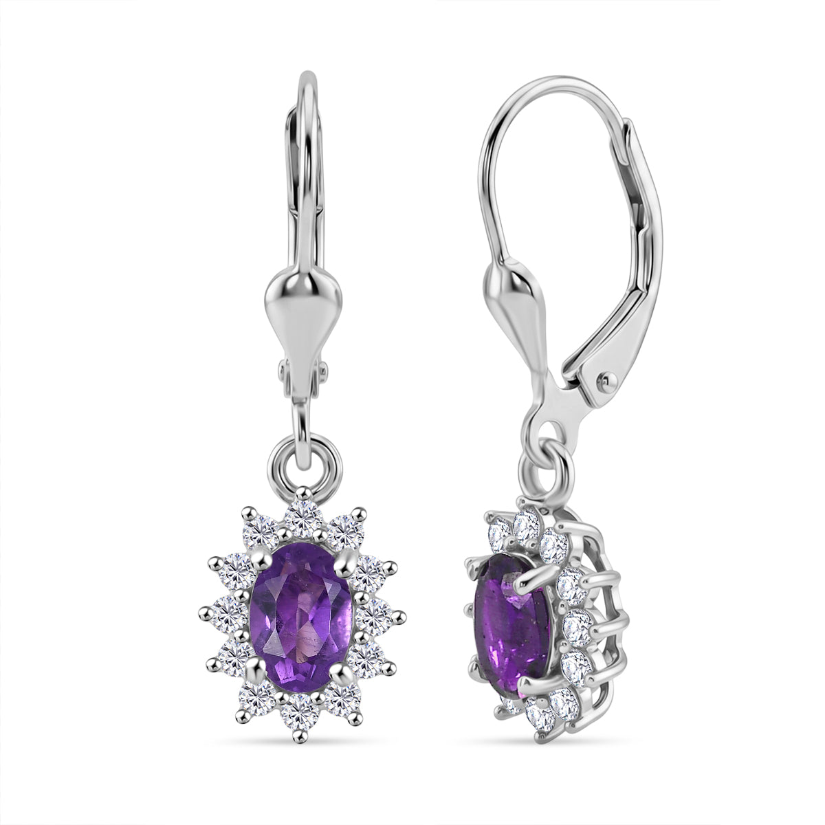 Royal Bali Collection - D'Joy African Amethyst &amp; White Zircon Halo Earring with Lever Back in Rhodium Overlay Sterling Silver 1.38 Ct. 8557078 0