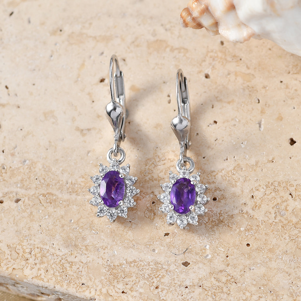 Royal Bali Collection - D'Joy African Amethyst & White Zircon Halo Earring with Lever Back in Rhodium Overlay Sterling Silver 1.38 Ct._8557078_2