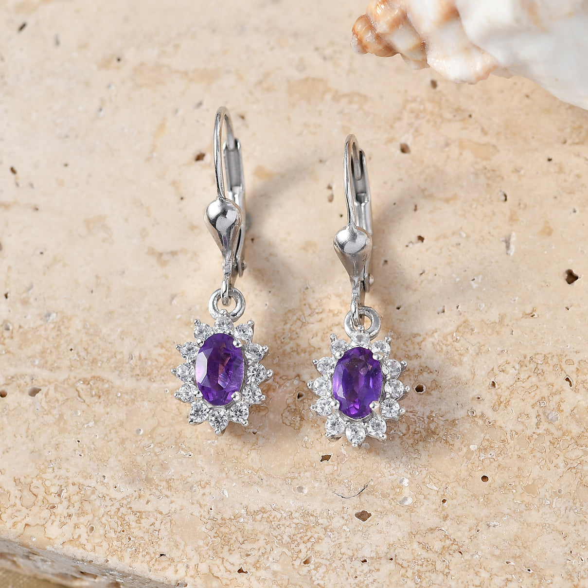 Royal Bali Collection - D'Joy African Amethyst &amp; White Zircon Halo Earring with Lever Back in Rhodium Overlay Sterling Silver 1.38 Ct. 8557078 3