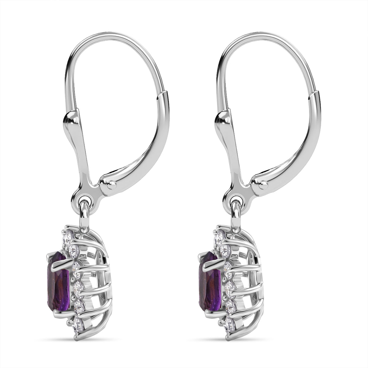 Royal Bali Collection - D'Joy African Amethyst &amp; White Zircon Halo Earring with Lever Back in Rhodium Overlay Sterling Silver 1.38 Ct. 8557078 4